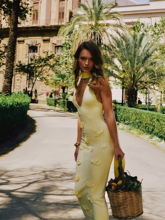 Meshki Dresses & Skirts - Elegant Yellow Floral-Detail Halter Maxi Dress
